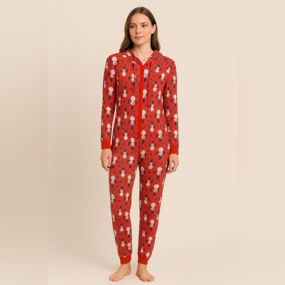 ✨☃️ Hello Nite! Red Snowman Thermal Hooded Onesie Pajamas Adult‎ Small ☃️✨